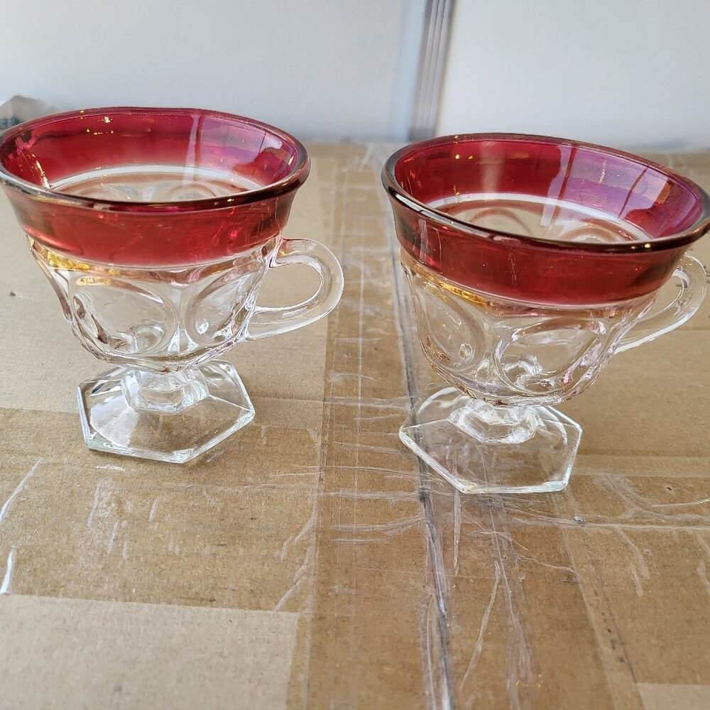 2 VTG INDIANA GLASS RUBY FLASH KINGS CROWN THUMBPRINT FOOTED PUNCH CUPS "BIN A"